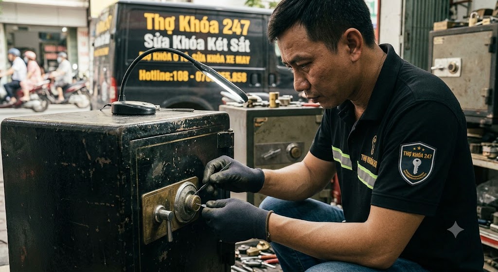 Két sắt nhập đúng mã nhưng không mở được minh họa tình trạng cửa bị kẹt